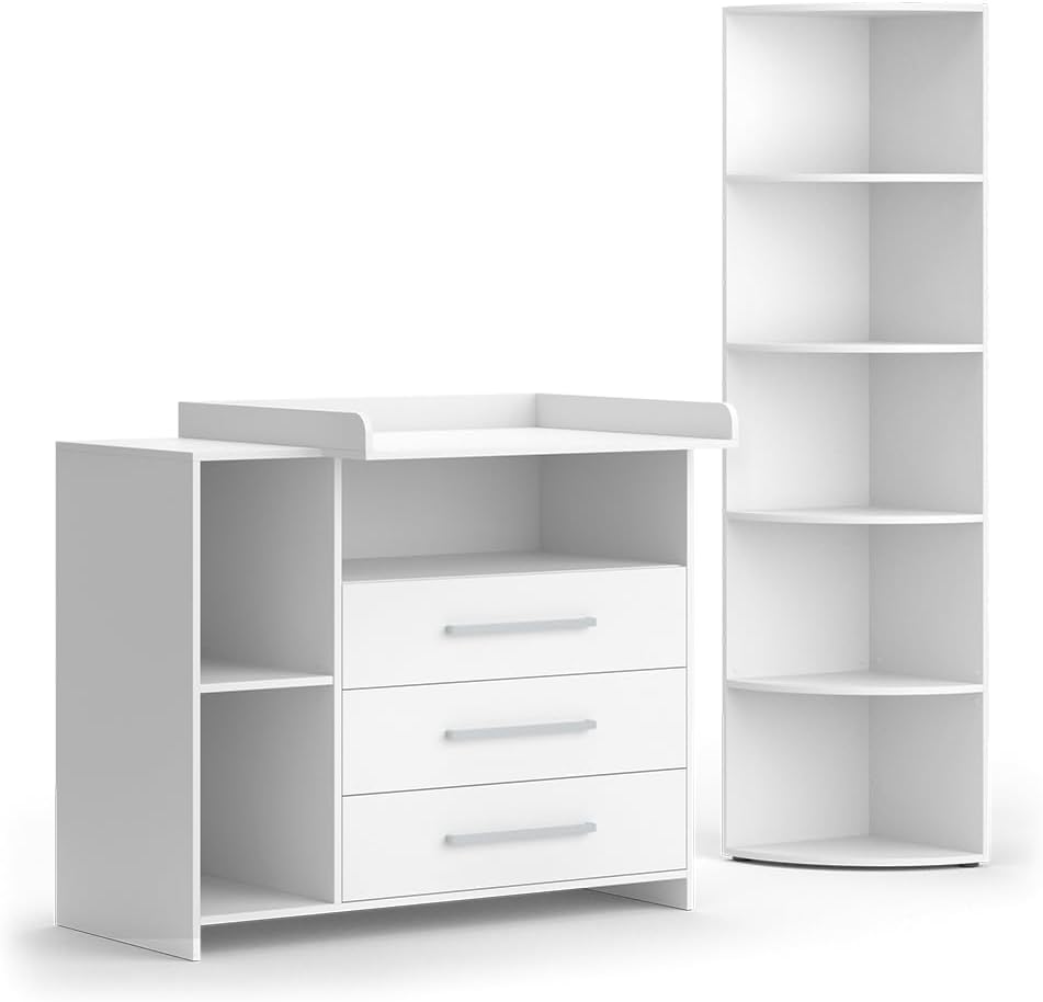 Vicco Kinderzimmer-Set Oskar, Weiß, 2 Teile, mit Wickelkommode und Spielzeugregal, umbaubar zur normalen Kommode nach Entfernen des Wickelaufsatzes