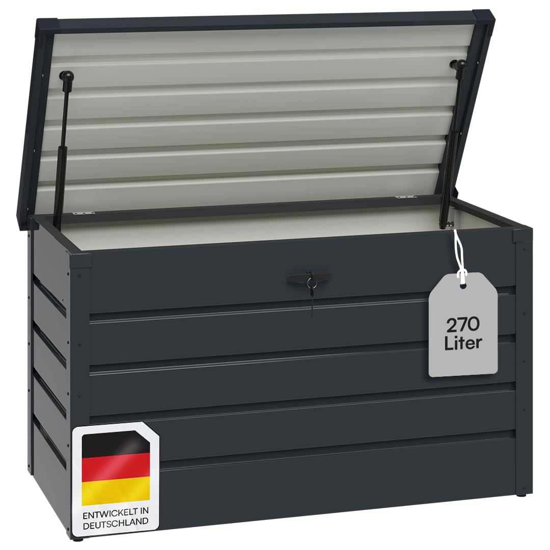 STEELSØN Dorado Gartenbox aus verzinktem Metall 350 Liter – Outdoor Box wasserdicht Anthrazit – Auflagenbox abschließbar mit klappbarem Deckel – Aufbewahrungsbox Garten/Balkon/Terrasse 120x62x63 cm