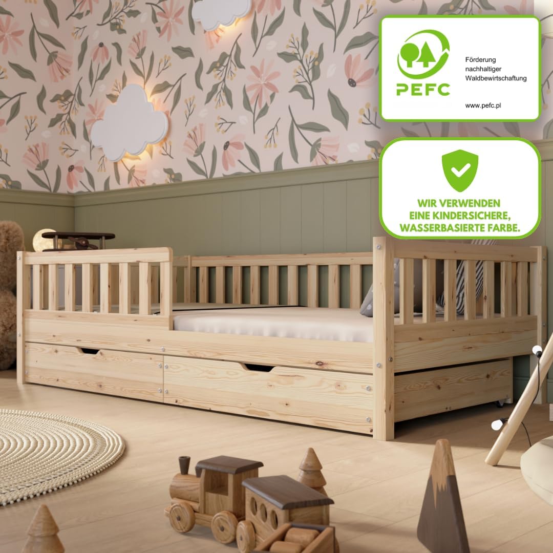 Kinderbett mit Schublade 80x160cm – Massives Montessori Bodenbett aus Holz mit Rausfallschutz – Sicheres Kleinkindbett – Skandinavisches Design Leichte Montage - Crazy Basic