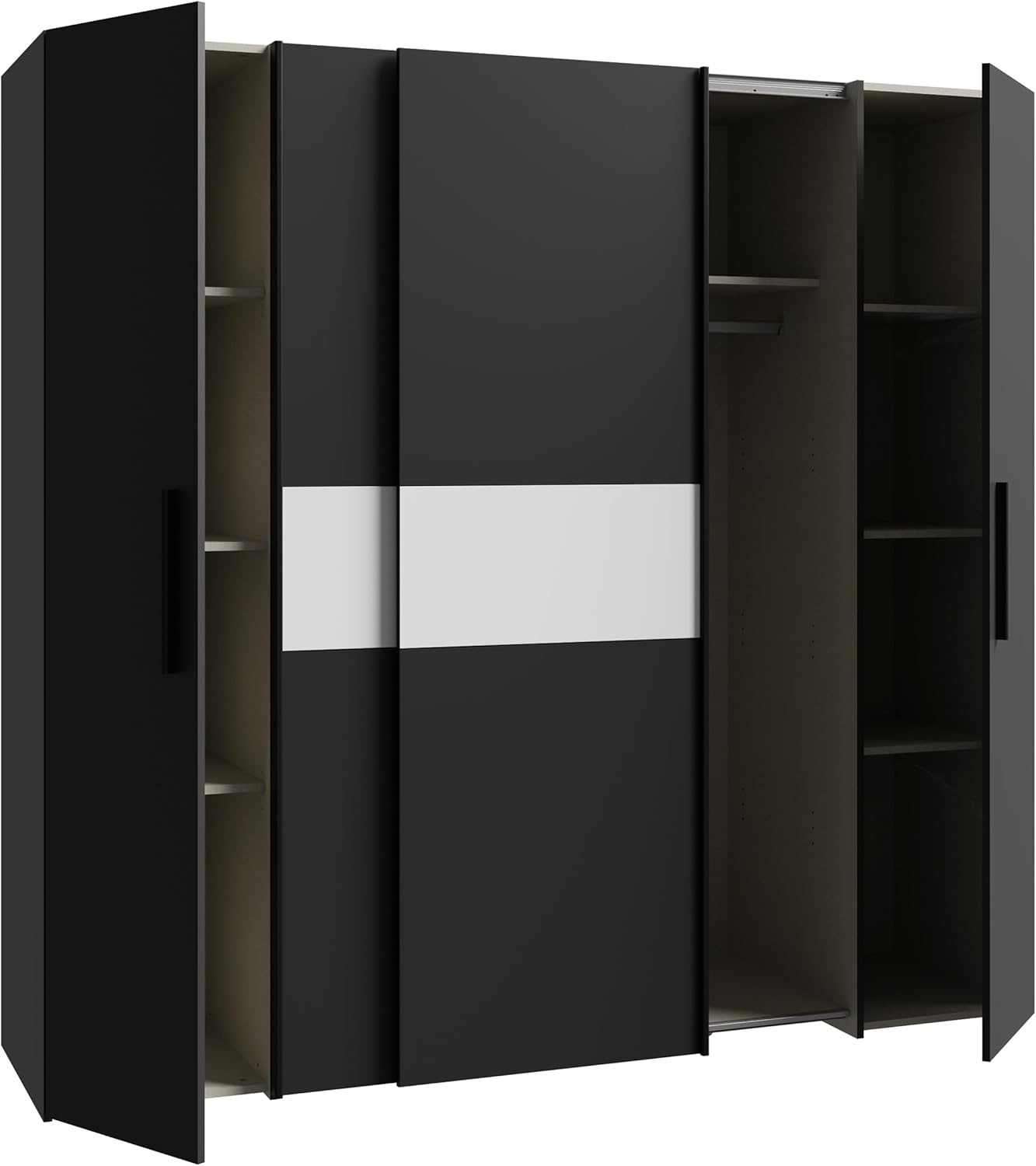Forte KALIXTUS schwarzer Kleiderschrank 200, moderner Schwebetürenschrank, 4-türig, Holzwerkstoff, Schwarz Matt, 200,1 cm breit x 190,5 cm hoch, 61,2 cm tief