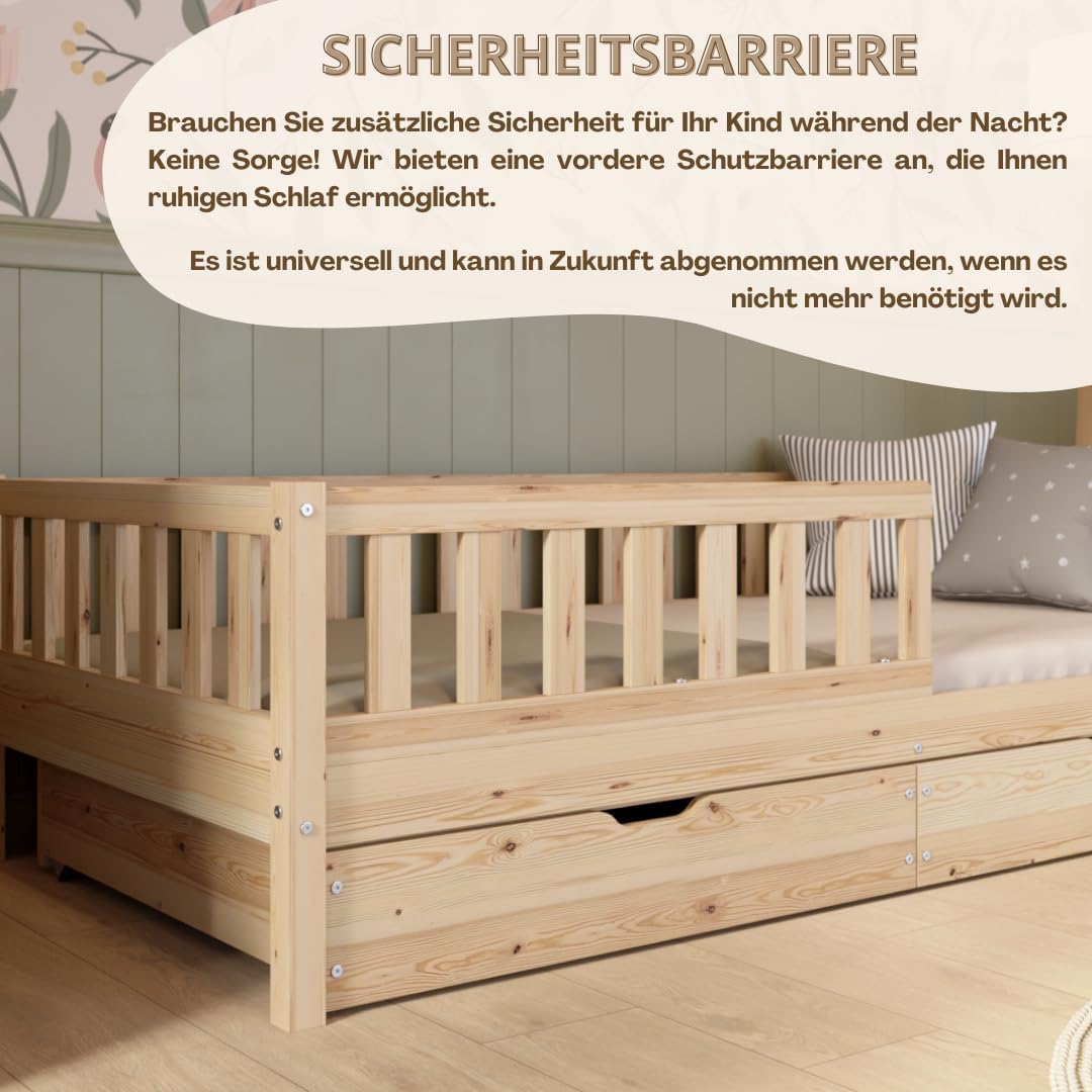 Kinderbett mit Schublade 80x160cm – Massives Montessori Bodenbett aus Holz mit Rausfallschutz – Sicheres Kleinkindbett – Skandinavisches Design Leichte Montage - Crazy Basic