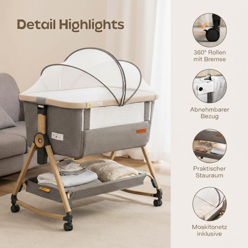 Maydolly 3-in-1 Baby Beistellbett – Vielseitiges Beistellbett, Reisebett & Stubenwagen inklusive Matratze & Moskitonetz – Höhenverstellbar mit Rollen, klappbar und mit Tragetasche – Grau