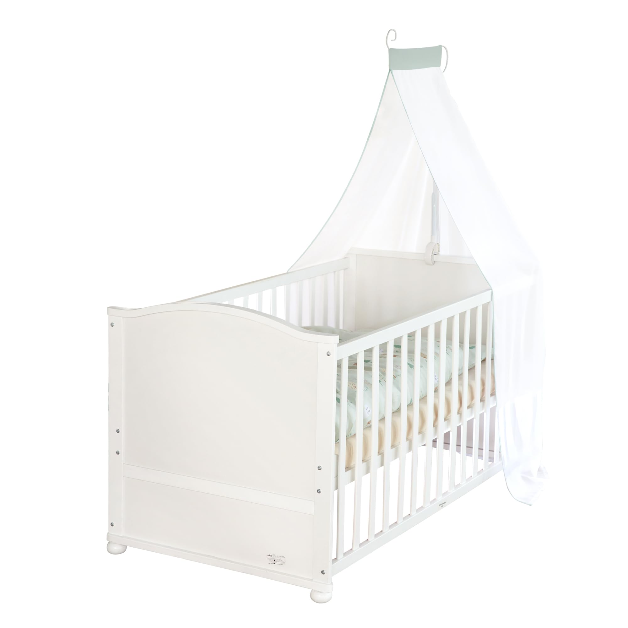 roba Babybett Set Adam & Eule - 70 x 140 cm - Mitwachsendes Kinderbett mit Bettwäsche, Himmel, Matratze - Höhenverstellbar - zu Juniorbett umbaubar - Holz weiß