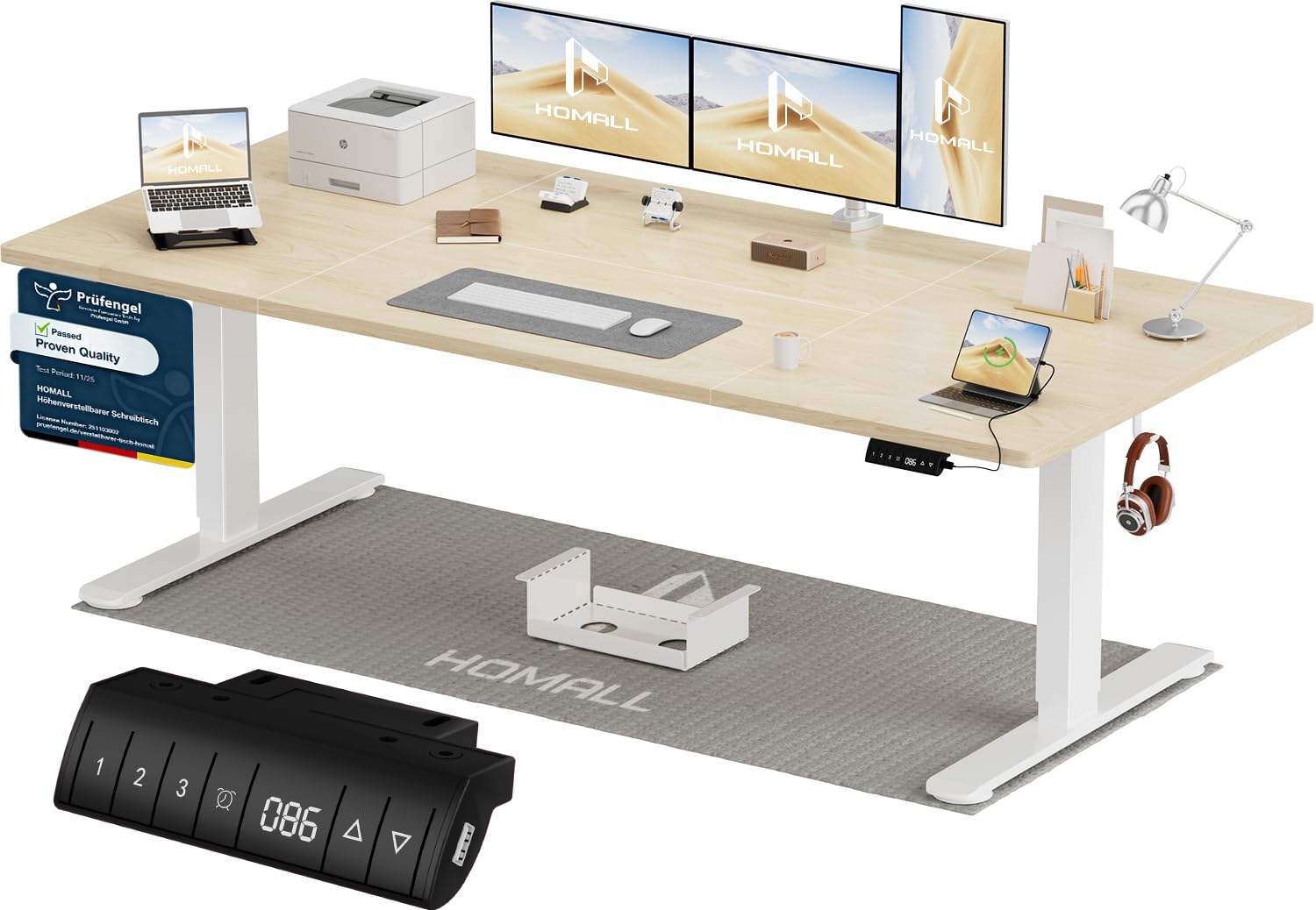 Homall Höhenverstellbarer Schreibtisch 200x80cm mit USB-A Ladeanschluss, Elektrischer Schreibtisch mit Kabel Management Tray, Standing Desk mit 3 Memory Funktion, Computertisch Weiß