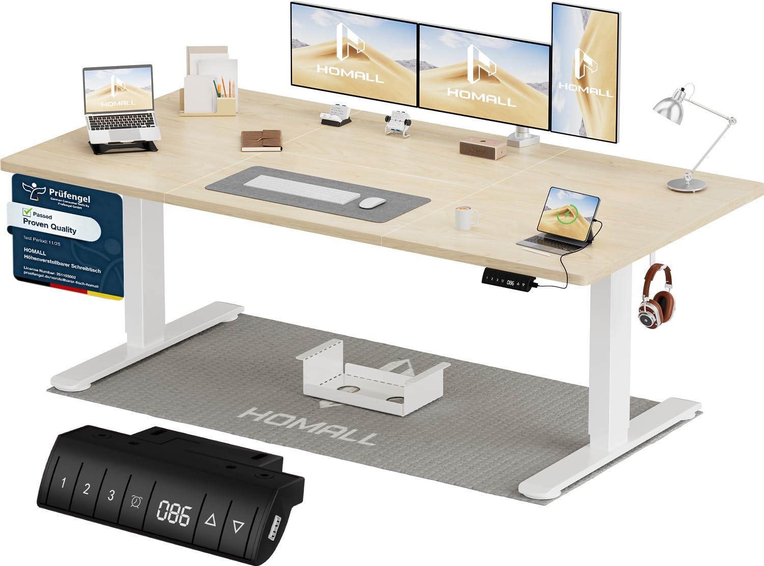 Homall Höhenverstellbarer Schreibtisch 200x80cm mit USB-A Ladeanschluss, Elektrischer Schreibtisch mit Kabel Management Tray, Standing Desk mit 3 Memory Funktion, Computertisch Weiß
