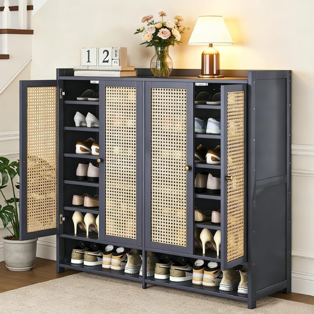 Generisch Schuhschrank Holz mit Korbgeflecht-Türen, Moderner Bambus Schuhschränke, Schuhregal mit Stauraum, Shoes Cabinet für Flur, Wohnzimmer, Schlafzimmer,H