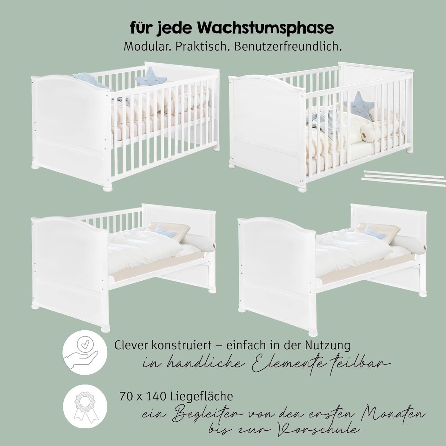 roba Babybett Set Adam & Eule - 70 x 140 cm - Mitwachsendes Kinderbett mit Bettwäsche, Himmel, Matratze - Höhenverstellbar - zu Juniorbett umbaubar - Holz weiß