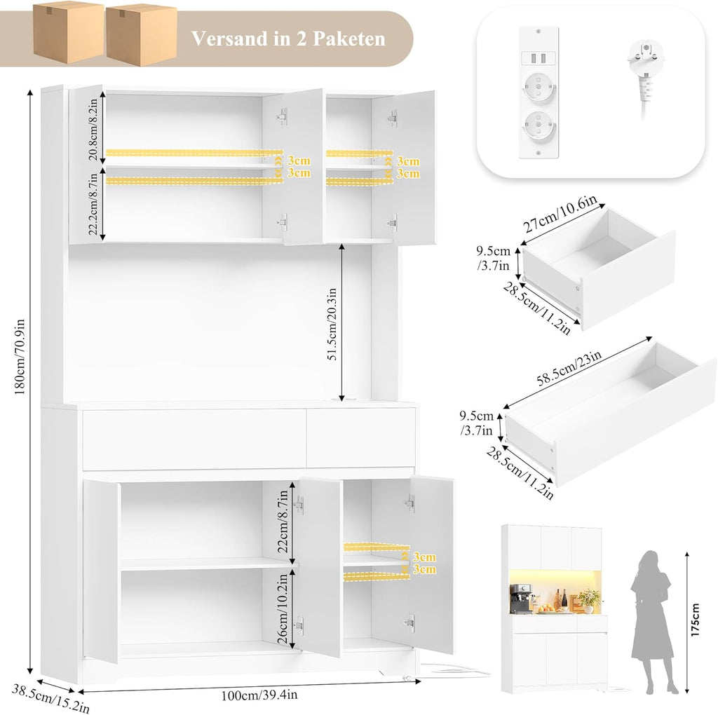 FirFurd Küchenschrank Buffetschrank mit LED und Steckdose Küchenschrank mit Arbeitsplatte Sideboard für Küche Wohnzimmer Esszimmer Küchenbuffet 180x100x38,5cm weiß