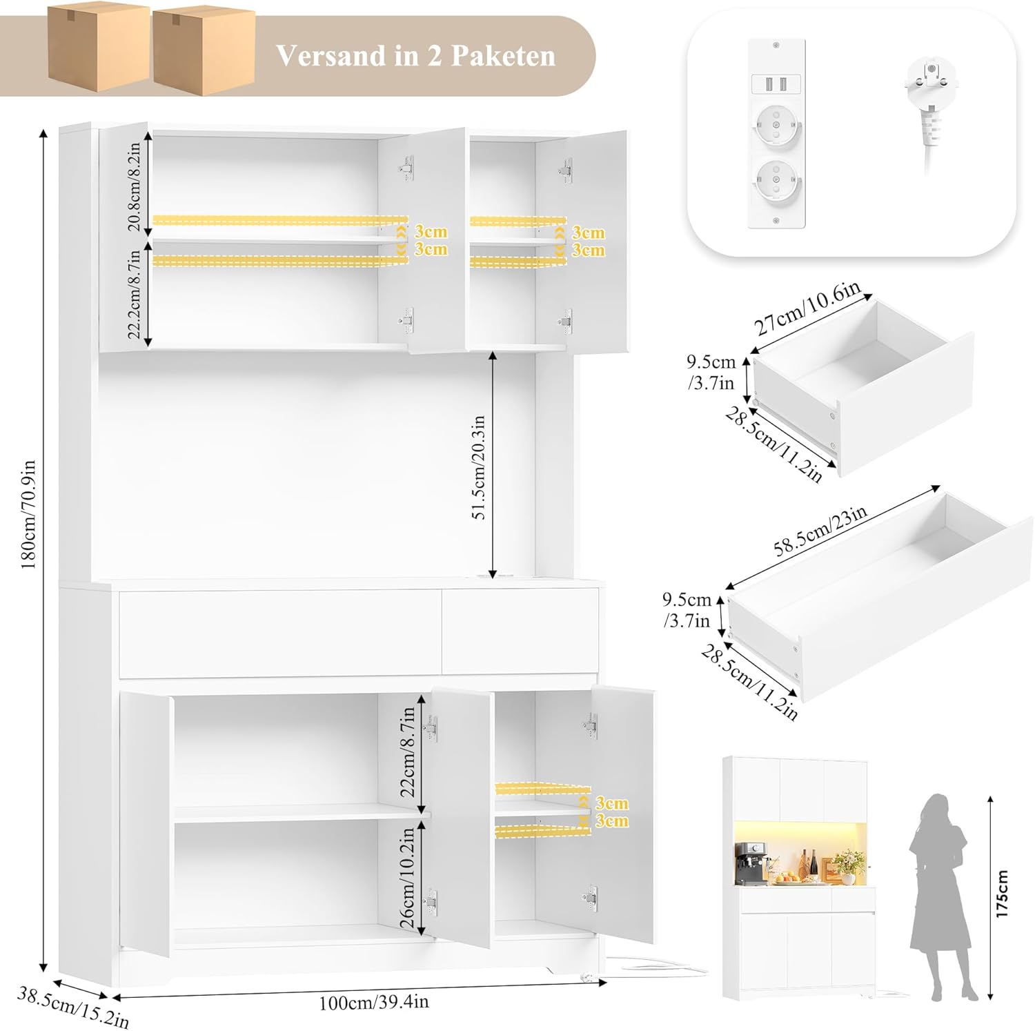FirFurd Küchenschrank Buffetschrank mit LED und Steckdose Küchenschrank mit Arbeitsplatte Sideboard für Küche Wohnzimmer Esszimmer Küchenbuffet 180x100x38,5cm weiß