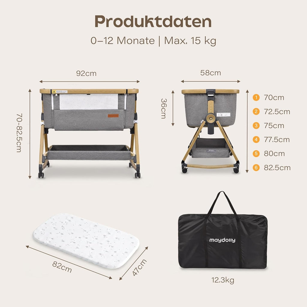 Maydolly 3-in-1 Baby Beistellbett – Vielseitiges Beistellbett, Reisebett & Stubenwagen inklusive Matratze & Moskitonetz – Höhenverstellbar mit Rollen, klappbar und mit Tragetasche – Grau