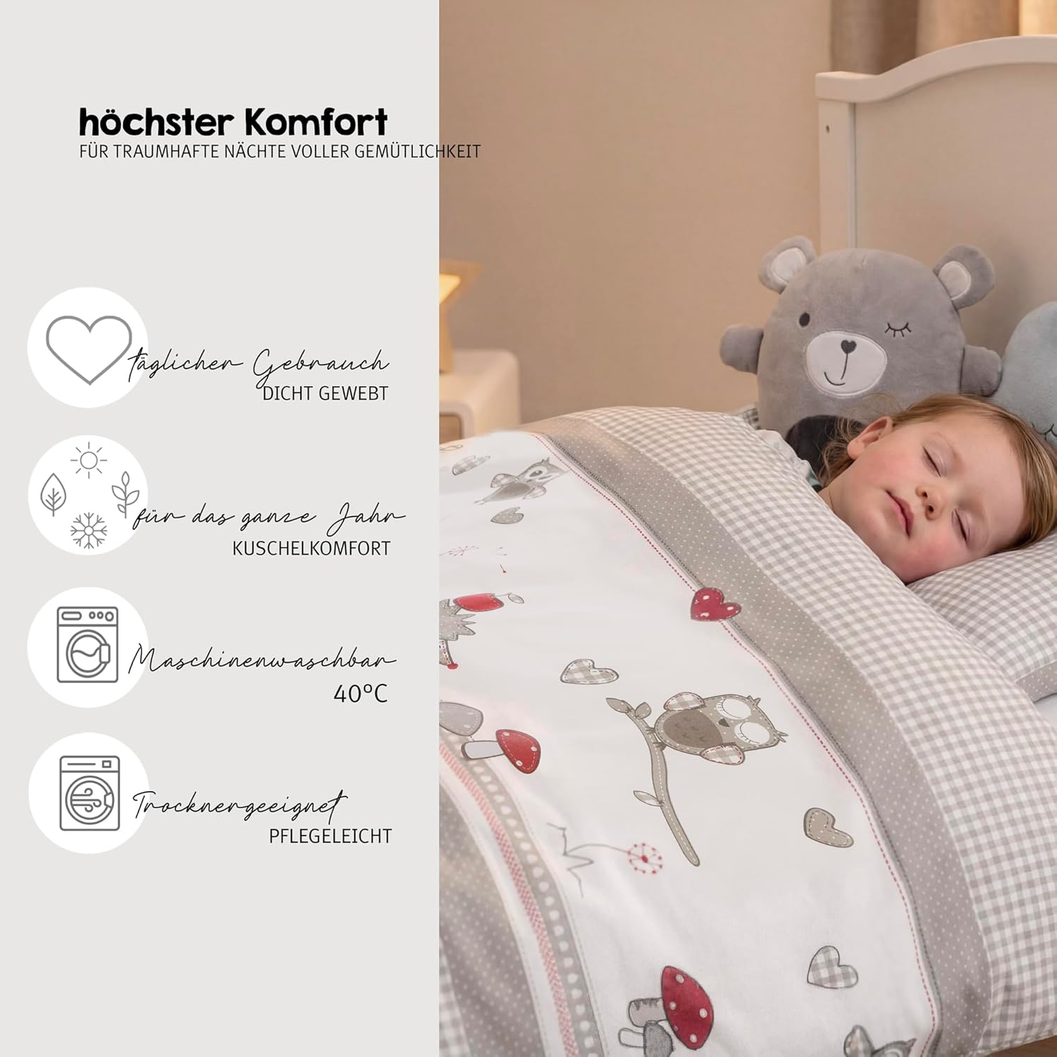 roba Babybett Set Adam & Eule - 70 x 140 cm - Mitwachsendes Kinderbett mit Bettwäsche, Himmel, Matratze - Höhenverstellbar - zu Juniorbett umbaubar - Holz weiß