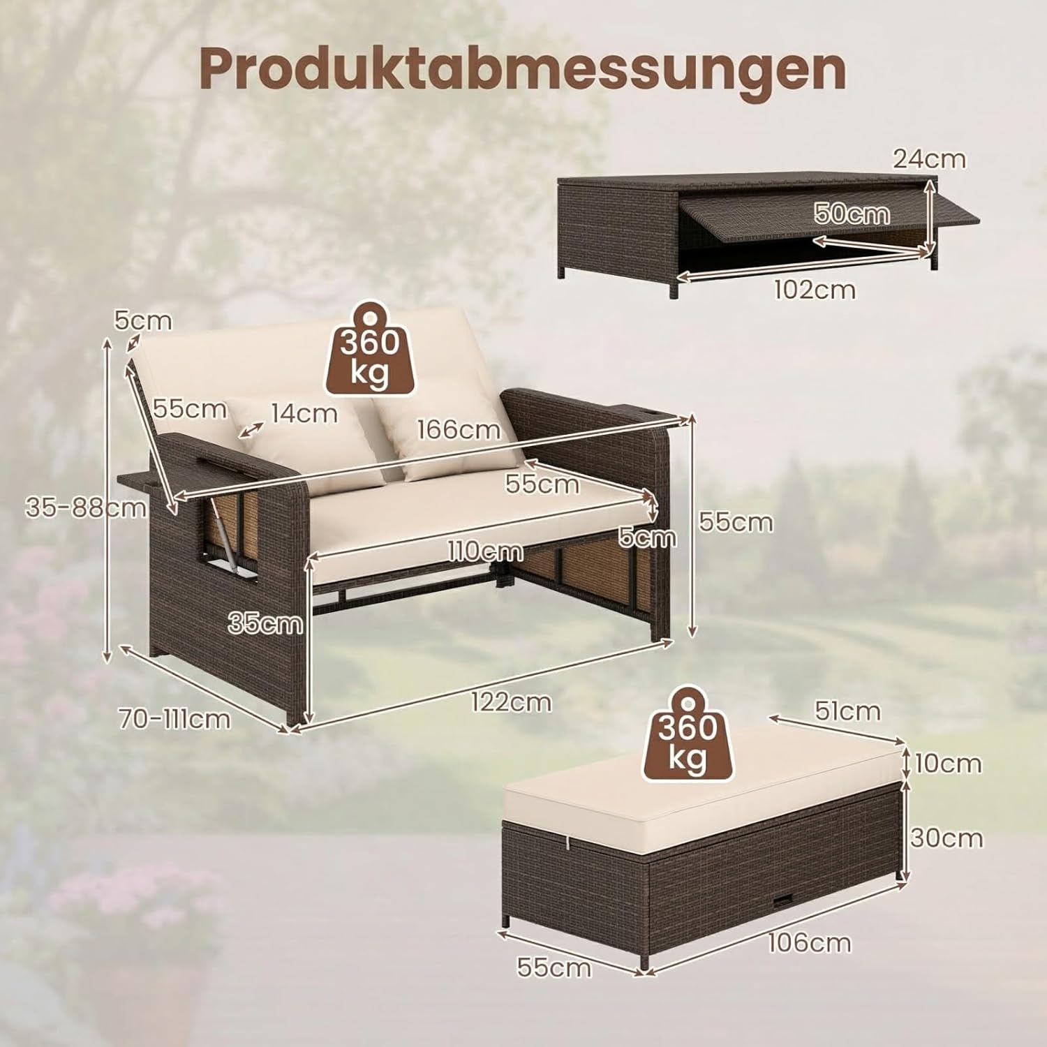 GIANTEX Lounge Möbel Outdoor, Rattan Gartenlounge Set mit Hocker, Gartensofa mit Liegefunktion, Balkon Lounge Set, Doppelliege Outdoor Sofa, Balkonmöbel Sonneninsel Loungebett mit stauraum | Drei in einem Design