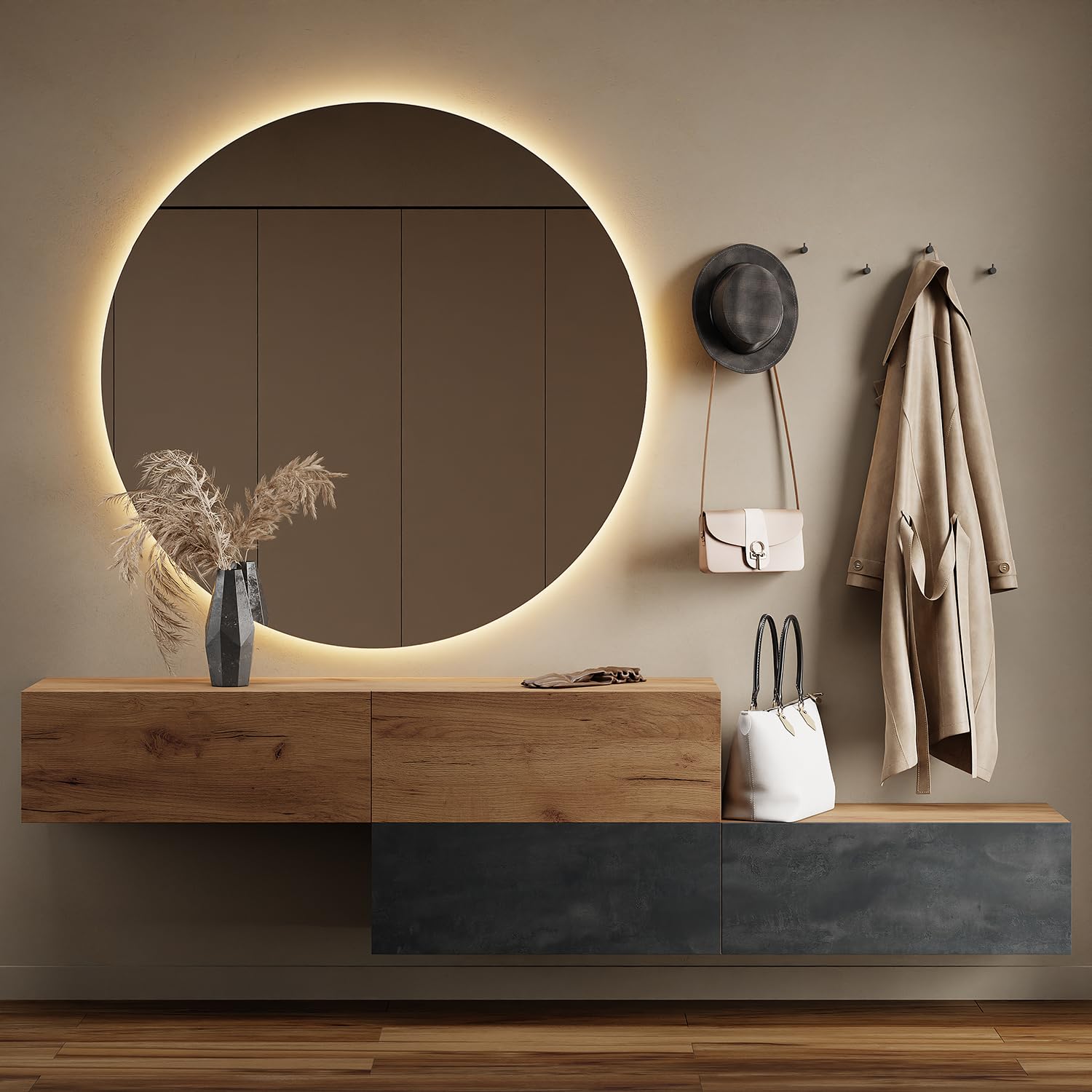 Planetmöbel Flur Möbel Garderobe Hängeschrank 2X 140 cm Gold Eiche - Anthrazit, Kompaktgarderobe mit Klappe als Stauraum, Wandgarderobe hängend oder stehend, 37,8T x 140B x 32,5H cm