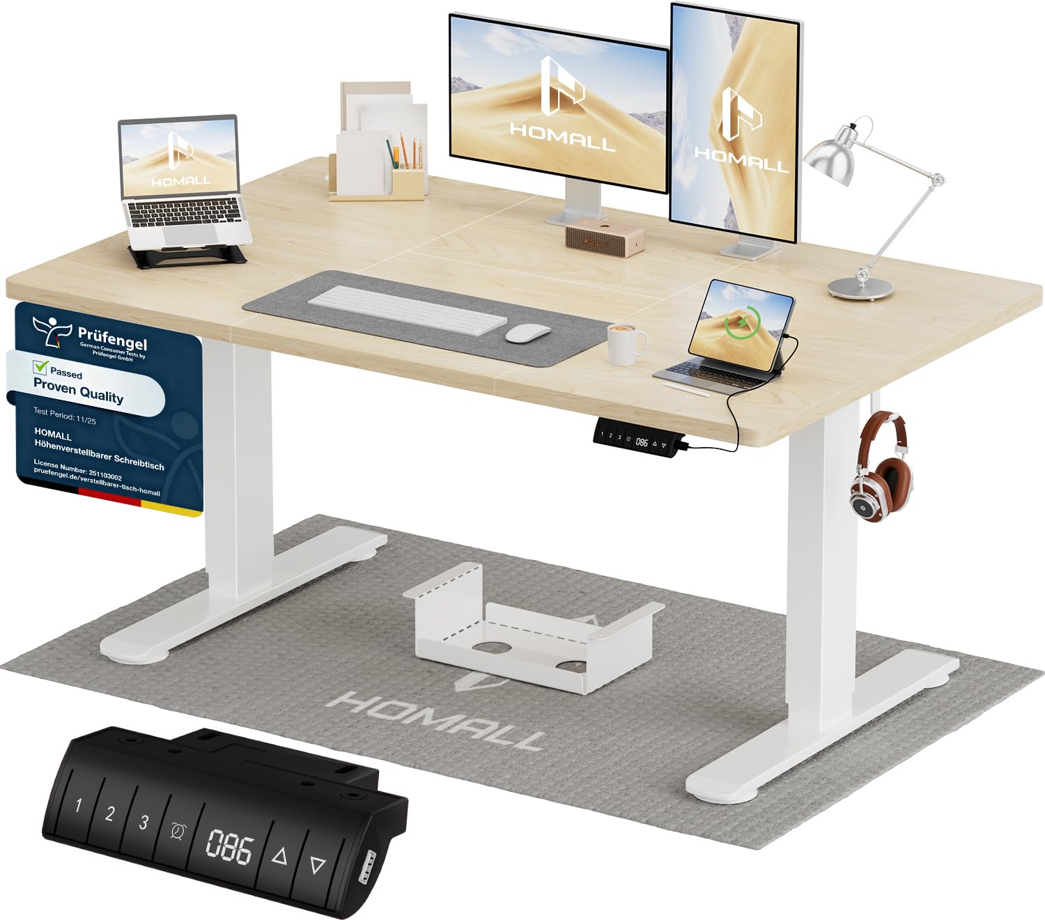 Homall Höhenverstellbarer Schreibtisch 200x80cm mit USB-A Ladeanschluss, Elektrischer Schreibtisch mit Kabel Management Tray, Standing Desk mit 3 Memory Funktion, Computertisch Weiß
