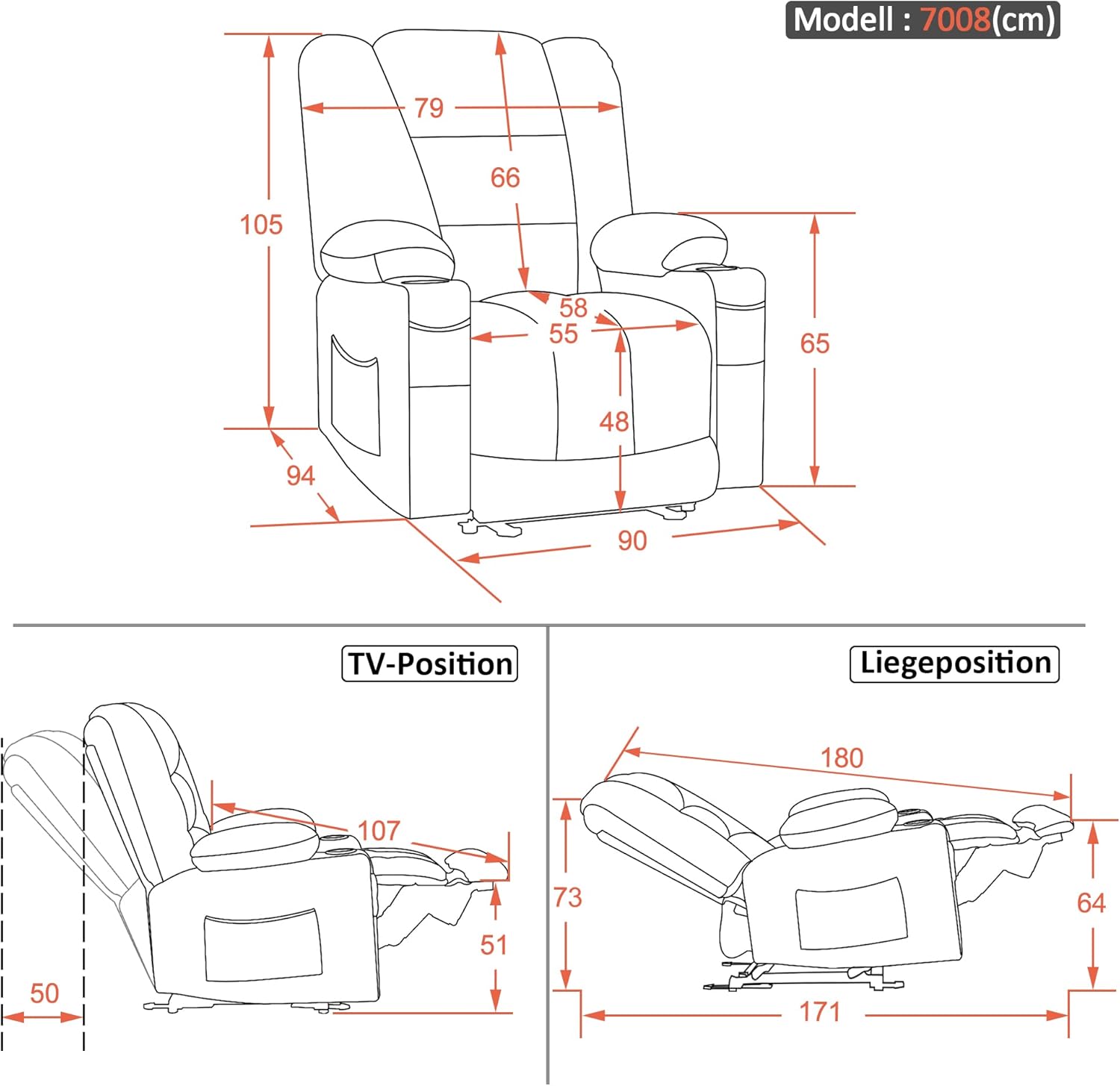 M MCombo Fernsehsessel elektrisch verstellbar 7008, Relaxsessel mit Liegefunktion, TV Sessel mit Massage & Wärmefunktion, USB & Getränkehalter, Wohnzimmer (Stoff, Grau)