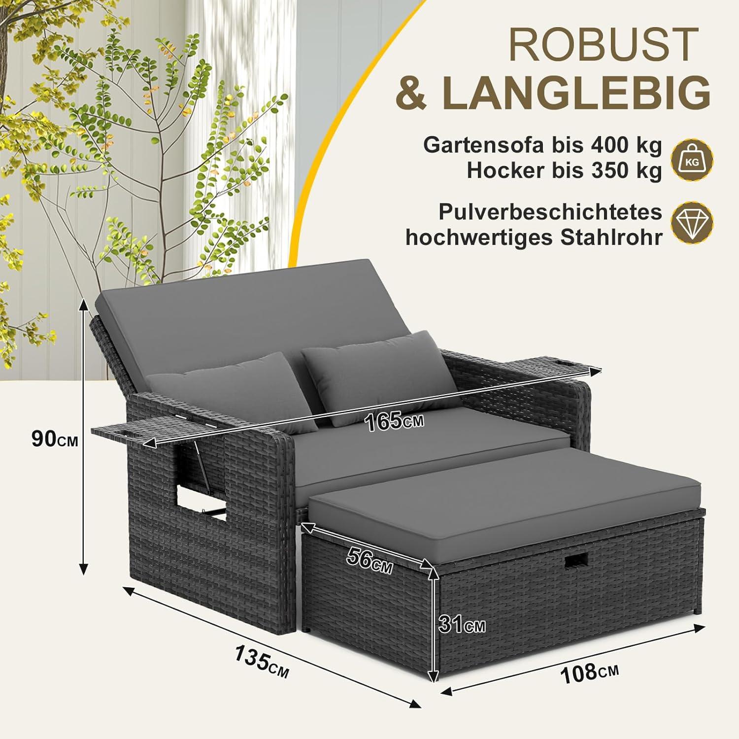 UDPATIO Rattan Lounge Möbel Outdoor, Lounge Balkonmöbel Gartensofa mit Hocker,Rattan Sofa mit Stauraum, Verstellbares 2 Sitzer Garten-Bett für Terrasse,Balkon,Garten,Grau-meliert & Dunkelgraue Bezüge