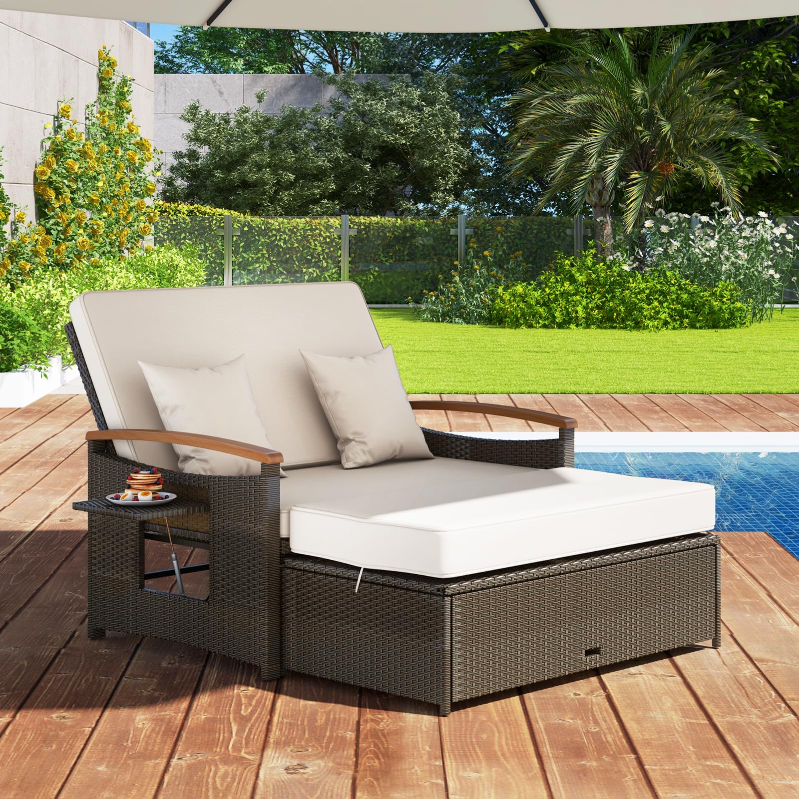 GIANTEX Lounge Möbel Outdoor, Rattan Gartenlounge Set mit Hocker, Gartensofa mit Liegefunktion, Balkon Lounge Set, Doppelliege Outdoor Sofa, Balkonmöbel Sonneninsel Loungebett mit stauraum | Drei in einem Design