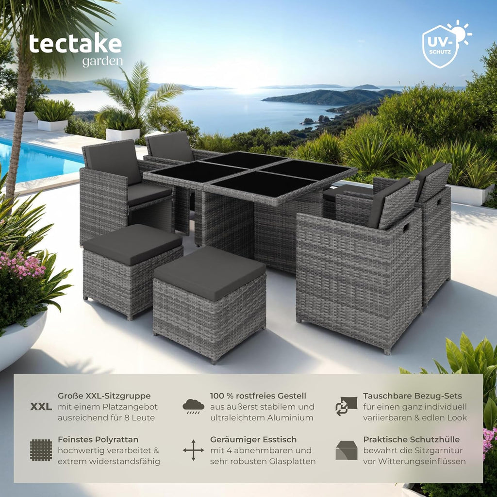 tectake® Rattan Lounge Möbel Set mit Aluminium Gestell, 4 Stühle, 4 Hocker, Tisch, platzsparende Aufbewahrung, Outdoor Rattan Gartenmöbel für Garten Terrasse, mit Abdeckung und 2 Bezugssets - grau