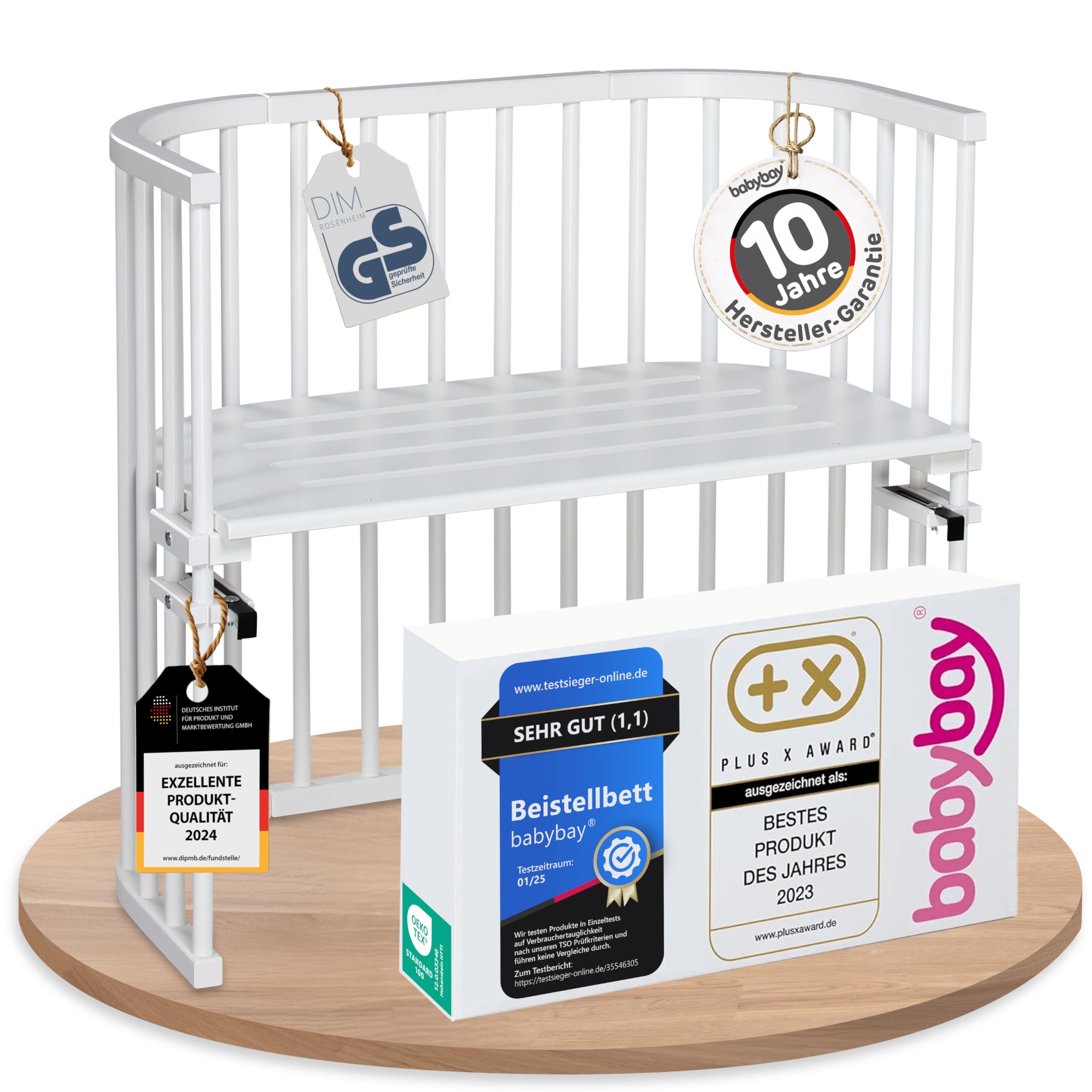 babybay Original Beistellbett aus massivem Buchenholz / kompakt & verwandelbar / Kinderbett Höhe stufenlos verstellbar & umweltfreundlich / mitwachsendes Babybett (weiß lackiert) / inkl. Matratze