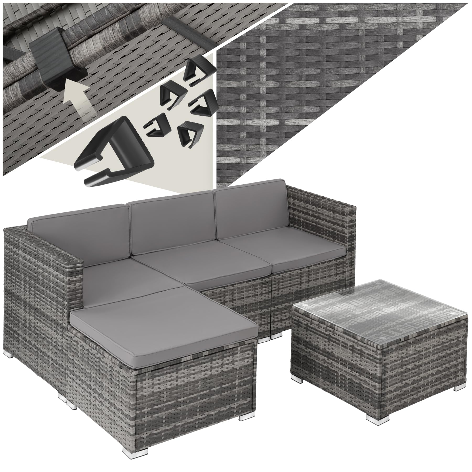 tectake® Poly Rattan Lounge, Outdoor Sitzgruppe, Set mit Sofa, 2 Sesseln, Hocker, Tisch, frei kombinierbar, Gartenmöbel für 5-6 Personen, für Garten Terrasse Balkon, inkl. Polster - schwarz