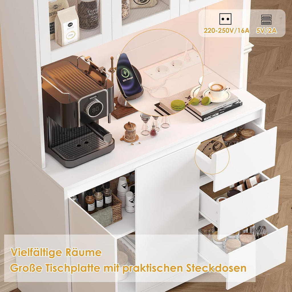 FirFurd Küchenschrank mit LED und Steckdosenleiste Buffetschrank Küchenschrank mit Arbeitsplatte und 3 Schubladen Küchenbuffet mit Verstellbares Regal Sideboard für Küche 180x100x38.5 cm weiß
