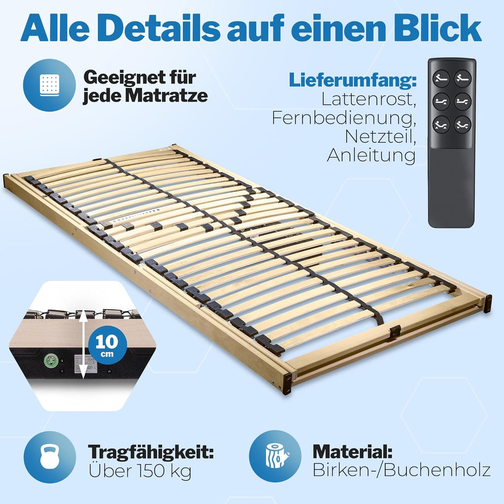 Lattenrost elektrisch verstellbar Komfort 100x200 – 28 Birkenholzleisten für erholsamen Schlaf – 100 Nächte Probeschlafen – Lattenrost elektrisch Made in Germany