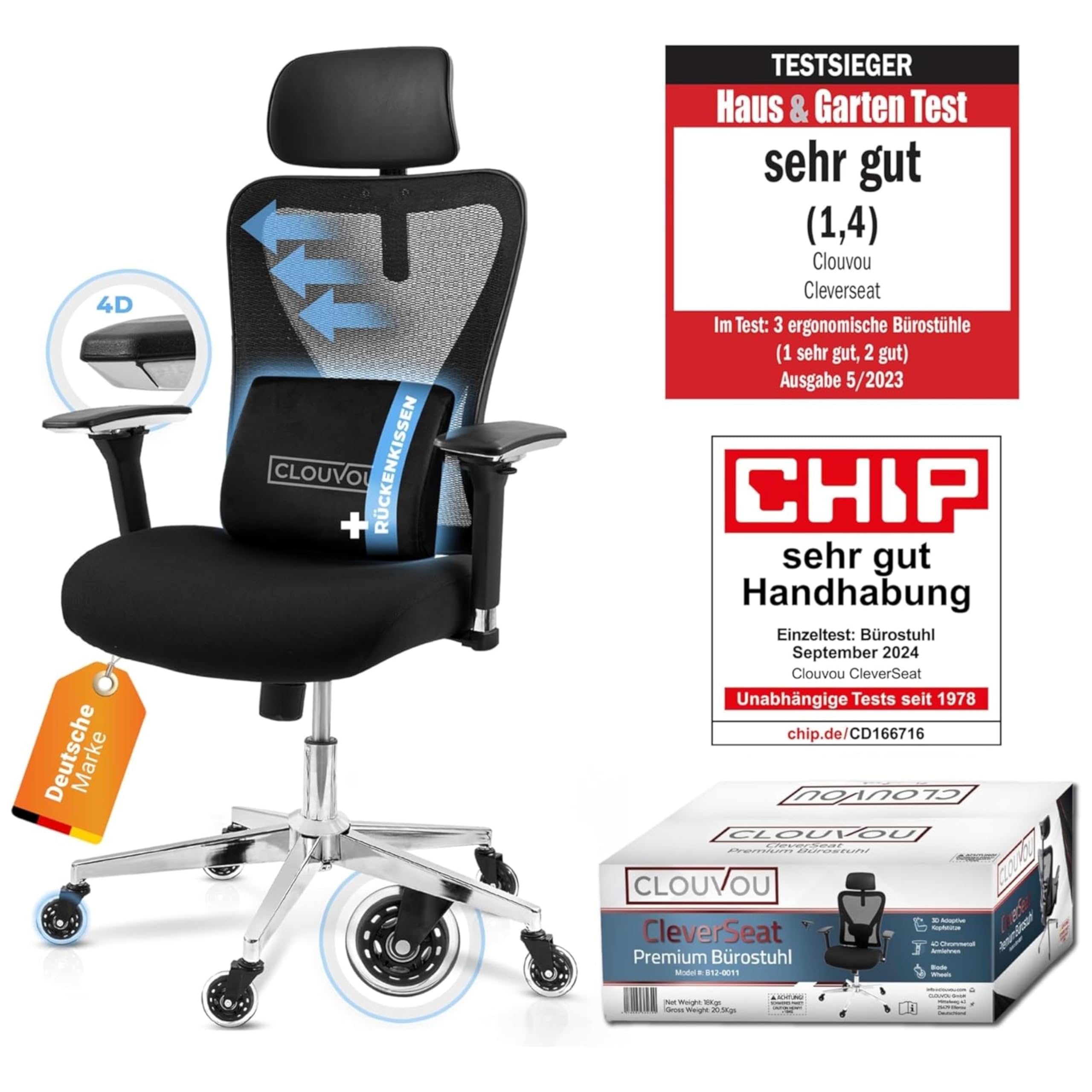 CLOUVOU BrightSeat Bürostuhl Ergonomisch [TESTSIEGER] Schreibtischstuhl 100% individuell einstellbar | Büro Stuhl & Gaming Stuhl | Computerstuhl Home Office Chair Ergonomic | Drehstuhl 150 kg