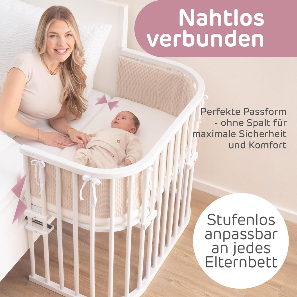 babybay Original Beistellbett aus massivem Buchenholz / kompakt & verwandelbar / Kinderbett Höhe stufenlos verstellbar & umweltfreundlich / mitwachsendes Babybett (weiß lackiert) / inkl. Matratze