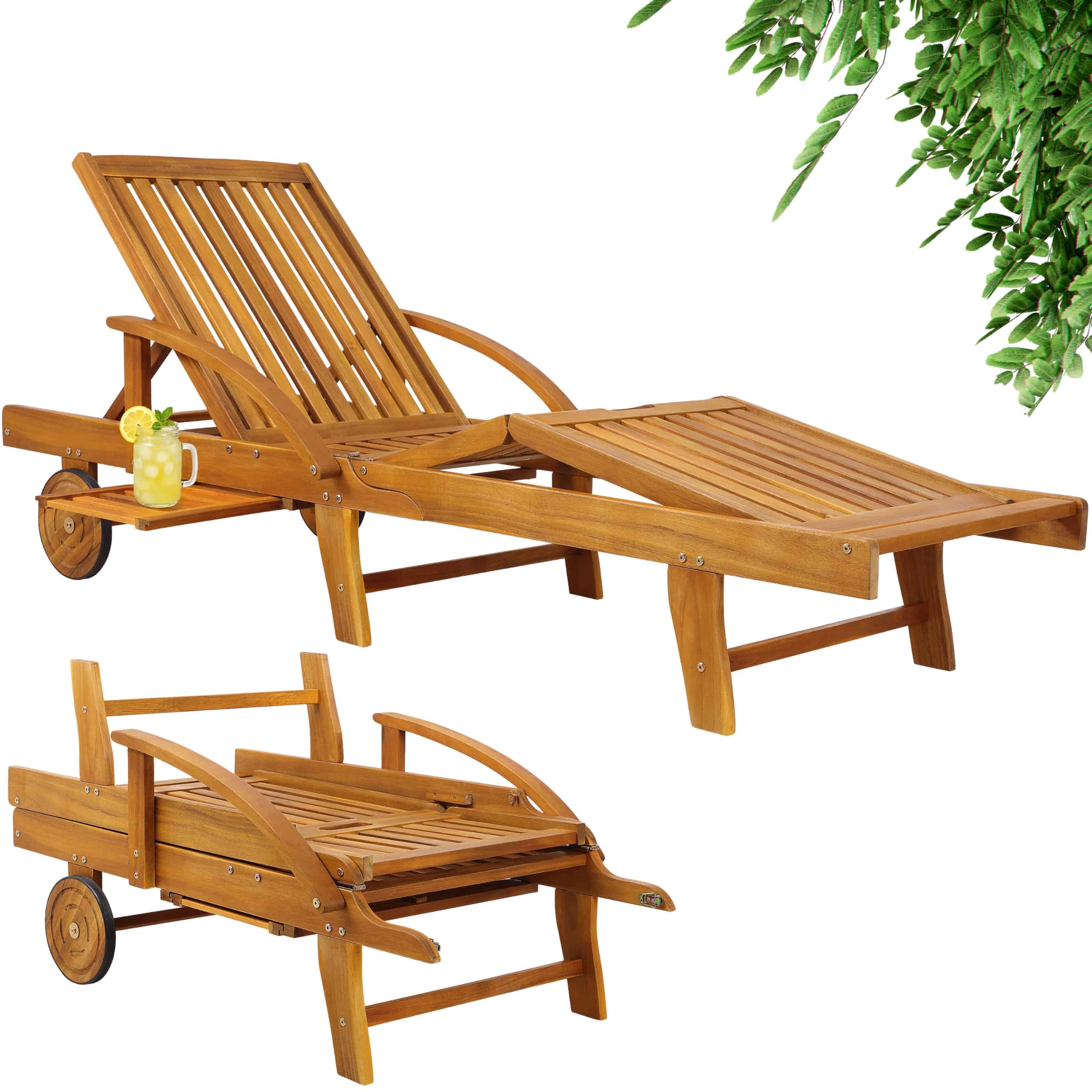 Casaria® Sonnenliege 2er Set Klappbar Wetterfest 2 Personen Holz Gartenliege mit 2 Räder Ablage Tisch Liegestuhl Verstellbare Rücken- Fußlehne Garten 196cm