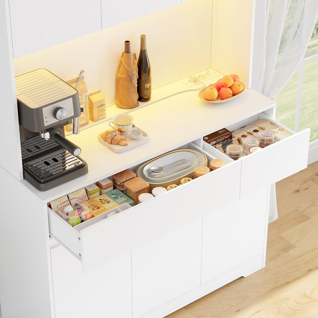 FirFurd Küchenschrank Buffetschrank mit LED und Steckdose Küchenschrank mit Arbeitsplatte Sideboard für Küche Wohnzimmer Esszimmer Küchenbuffet 180x100x38,5cm weiß
