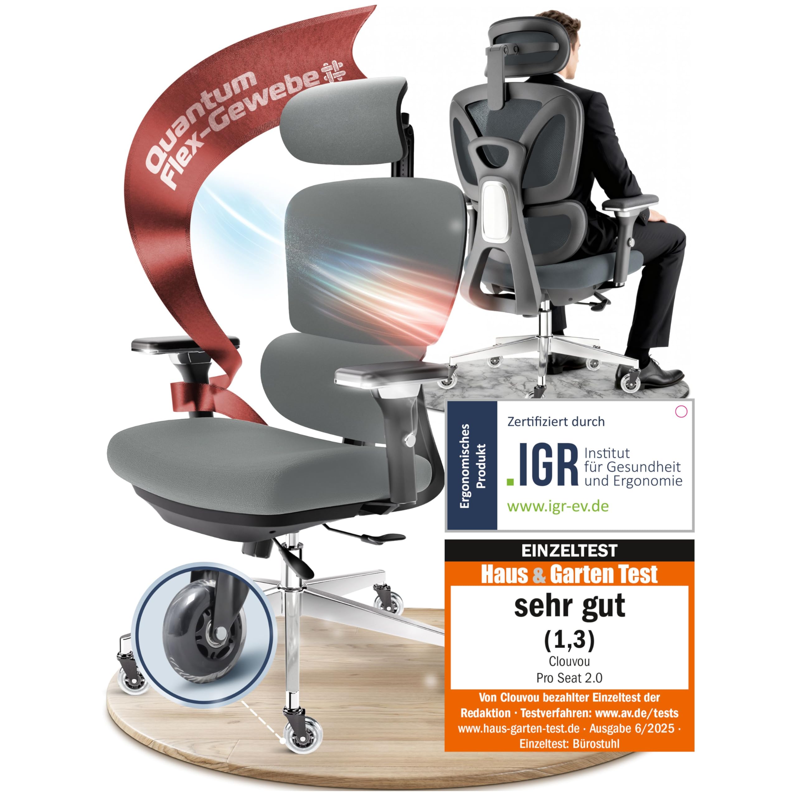 CLOUVOU BrightSeat Bürostuhl Ergonomisch [TESTSIEGER] Schreibtischstuhl 100% individuell einstellbar | Büro Stuhl & Gaming Stuhl | Computerstuhl Home Office Chair Ergonomic | Drehstuhl 150 kg