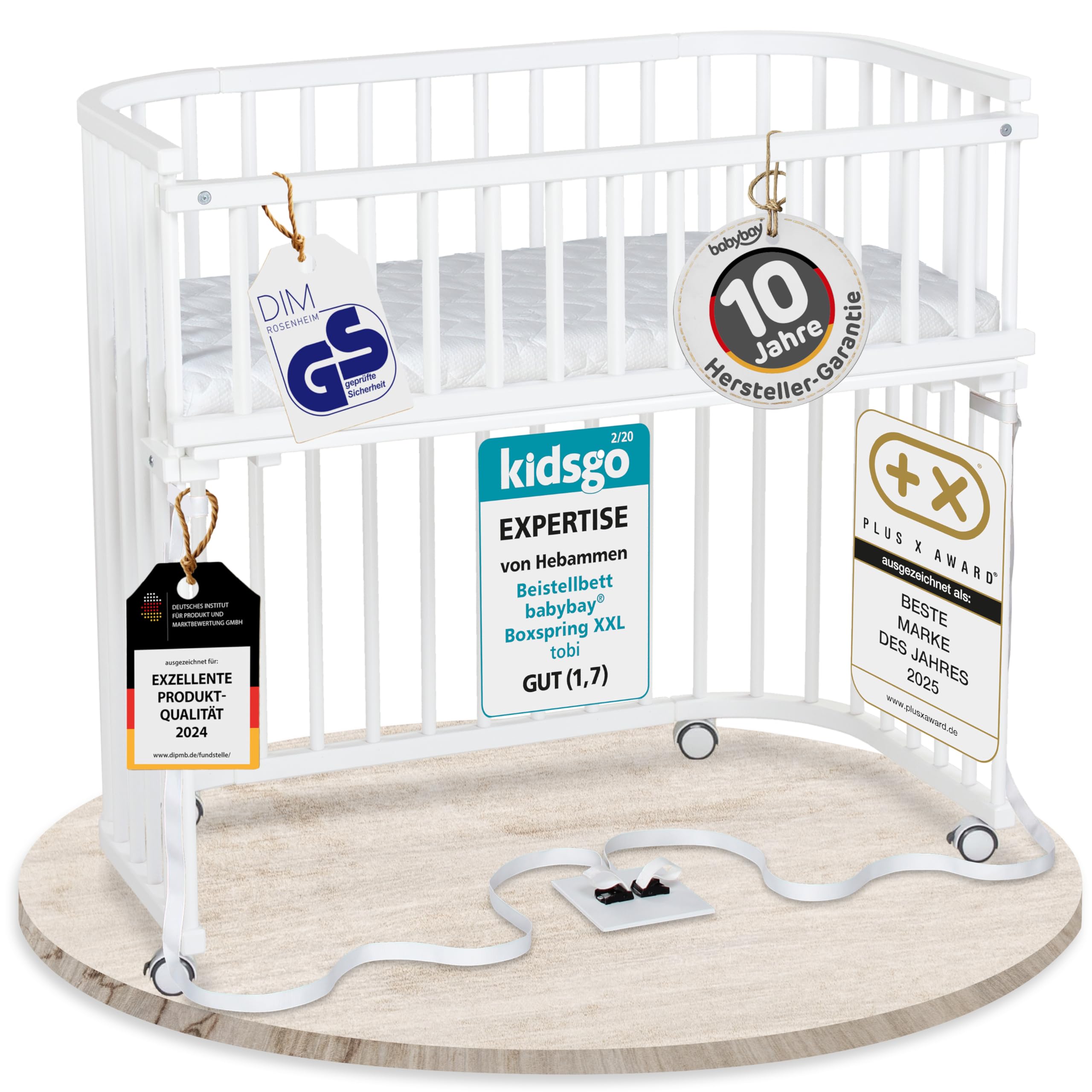 babybay Original Beistellbett aus massivem Buchenholz / kompakt & verwandelbar / Kinderbett Höhe stufenlos verstellbar & umweltfreundlich / mitwachsendes Babybett (weiß lackiert) / inkl. Matratze
