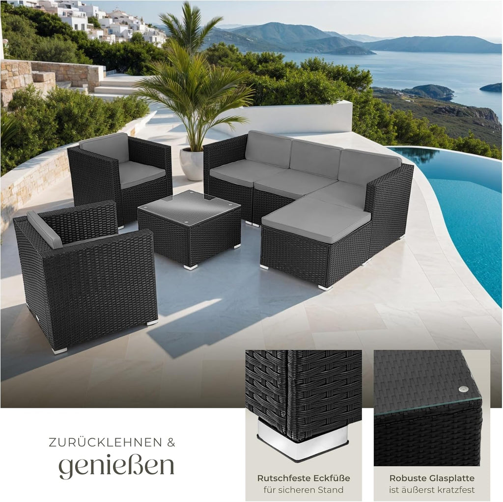 tectake® Poly Rattan Lounge, Outdoor Sitzgruppe, Set mit Sofa, 2 Sesseln, Hocker, Tisch, frei kombinierbar, Gartenmöbel für 5-6 Personen, für Garten Terrasse Balkon, inkl. Polster - schwarz
