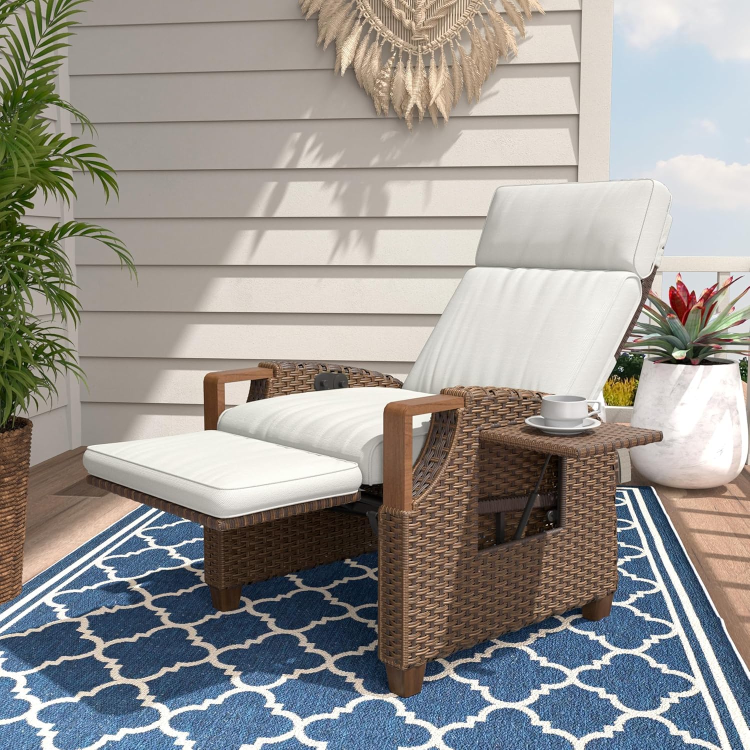 Grand patio Relaxliege Liegesessel mit Sitzkissen Armlehnensessel Verstellbare Rückenlehne Rattan Sonnenliege für Innen, Außeneinsatz, Dunkelgrau -Dunkel Grau Sitzkissen & Braun Rattan