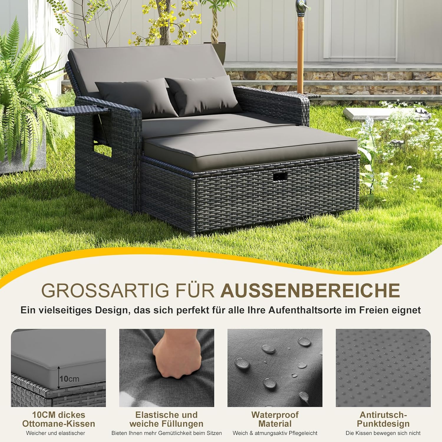 UDPATIO Rattan Lounge Möbel Outdoor, Lounge Balkonmöbel Gartensofa mit Hocker,Rattan Sofa mit Stauraum, Verstellbares 2 Sitzer Garten-Bett für Terrasse,Balkon,Garten,Grau-meliert & Dunkelgraue Bezüge