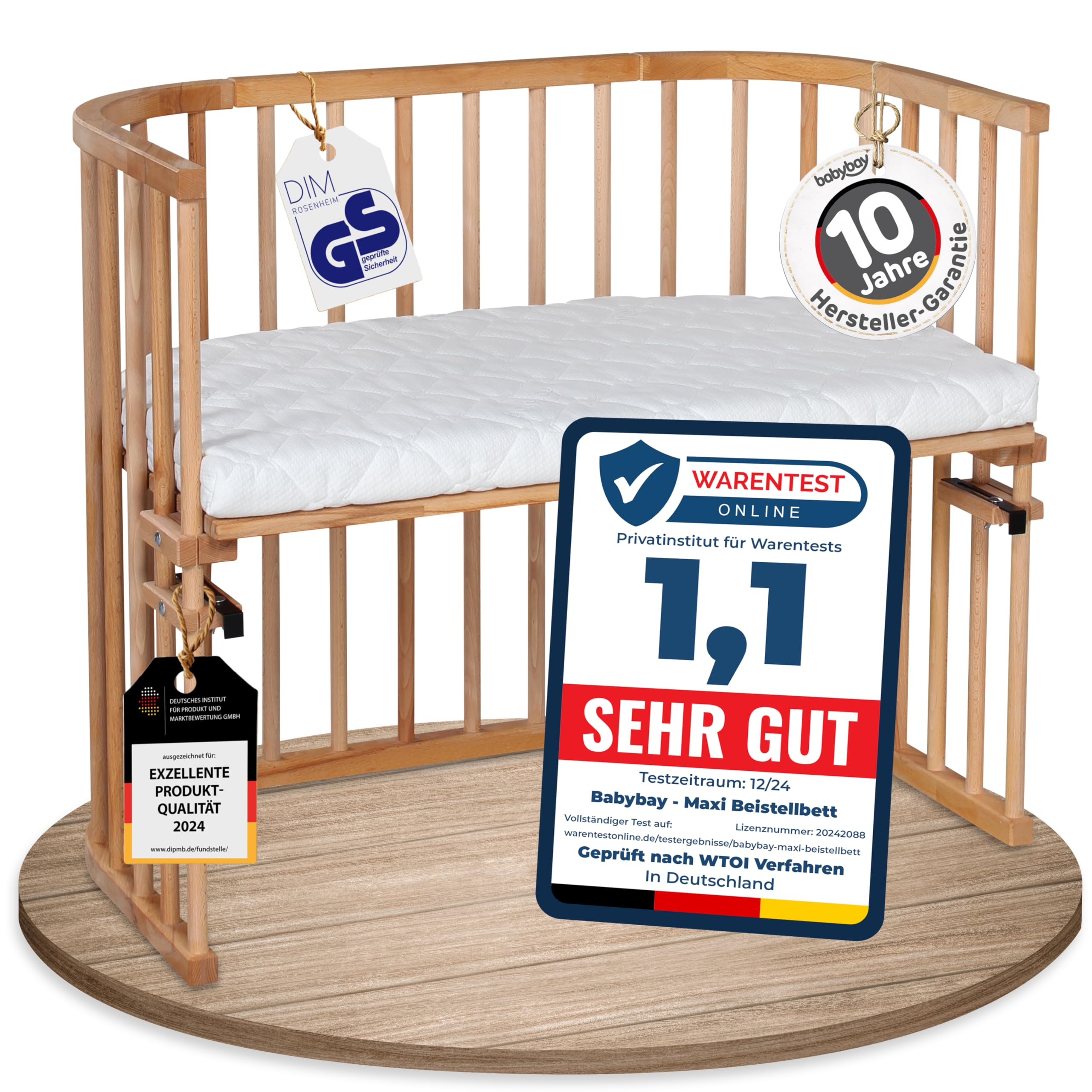 babybay Original Beistellbett aus massivem Buchenholz / kompakt & verwandelbar / Kinderbett Höhe stufenlos verstellbar & umweltfreundlich / mitwachsendes Babybett (weiß lackiert) / inkl. Matratze