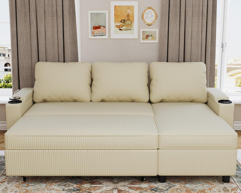 Devoko Ecksofa mit Schlaffunktion und Bettkasten L-Form Sofa 3-Sitzer Ausziehbares Schlafsofa Velours Couch Kleines Schlafcouch für Wohnung und Wohnzimmer, Beige