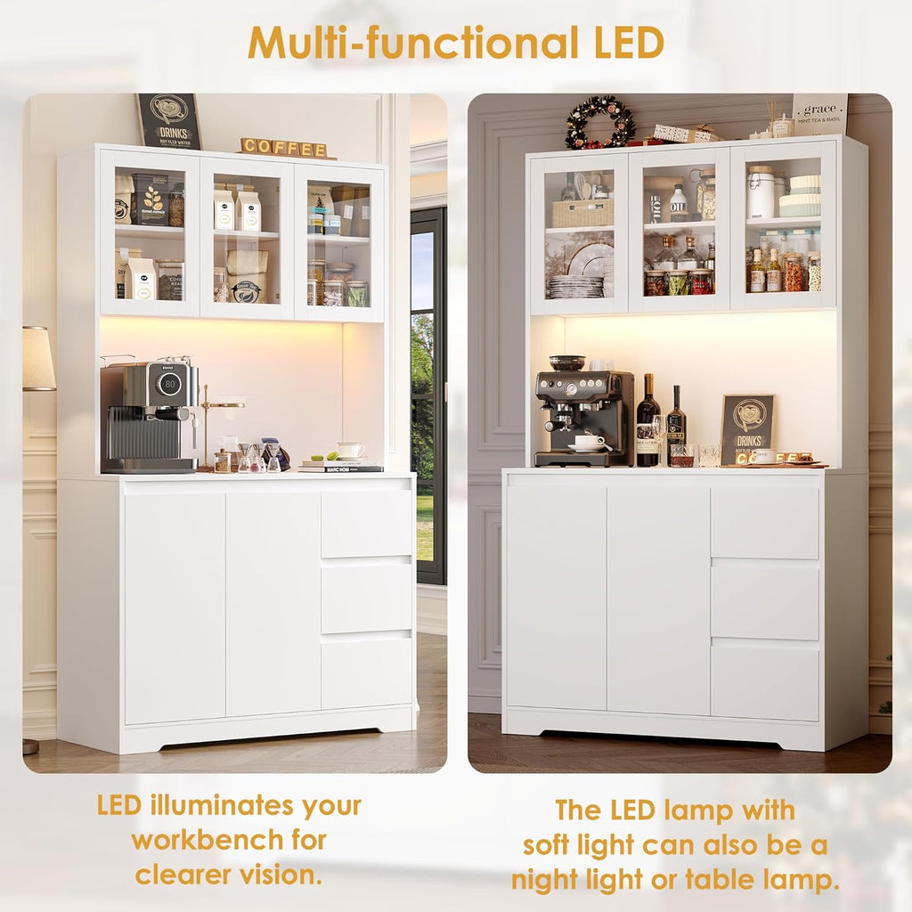 FirFurd Küchenschrank mit LED und Steckdosenleiste Buffetschrank Küchenschrank mit Arbeitsplatte und 3 Schubladen Küchenbuffet mit Verstellbares Regal Sideboard für Küche 180x100x38.5 cm weiß