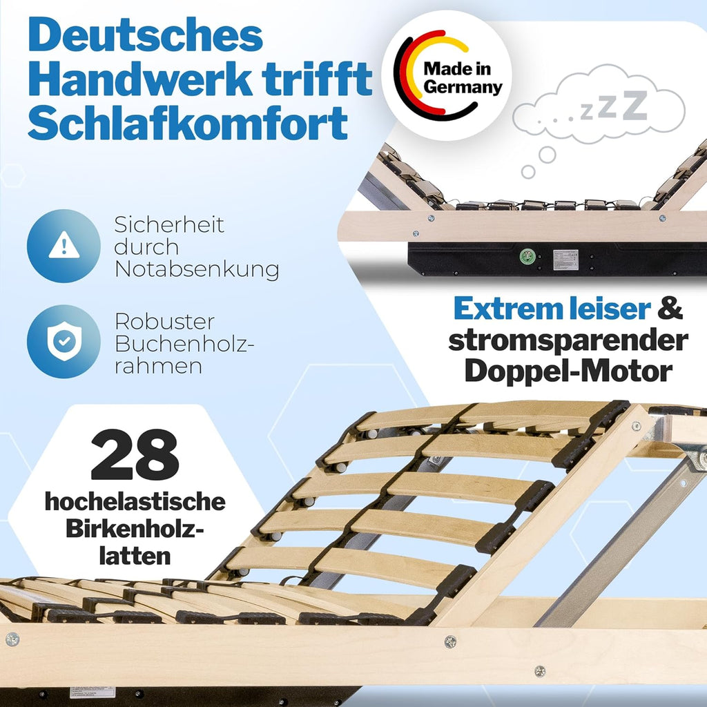 Lattenrost elektrisch verstellbar Komfort 100x200 – 28 Birkenholzleisten für erholsamen Schlaf – 100 Nächte Probeschlafen – Lattenrost elektrisch Made in Germany