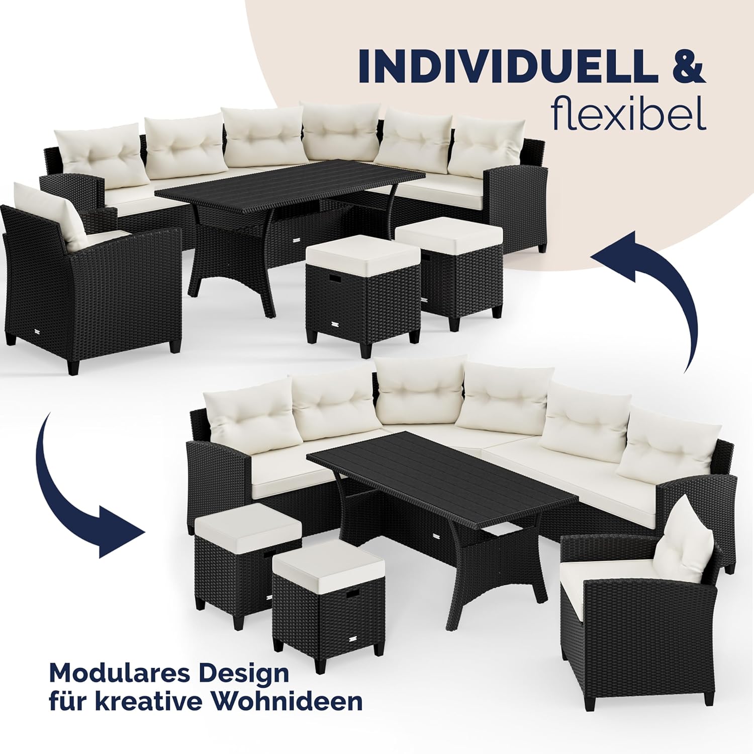 Casaria® Polyrattan Ecklounge Set WPC Esstisch Ecksofa Sessel 2 Hocker inkl. Sitzauflagen Kissen Wetterfest Outdoor Lounge Garten Terrasse Balkon Möbel