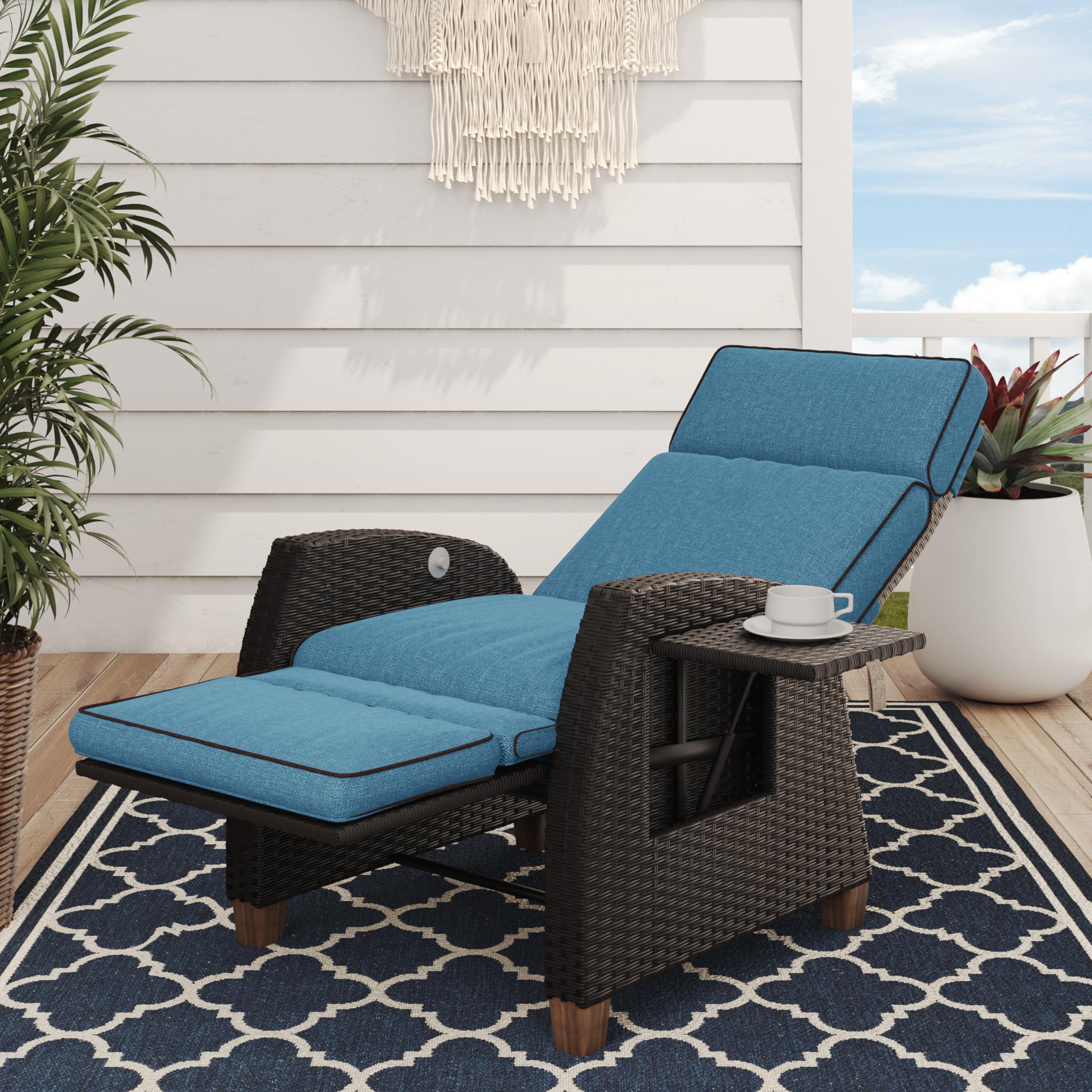 Grand patio Relaxliege Liegesessel mit Sitzkissen Armlehnensessel Verstellbare Rückenlehne Rattan Sonnenliege für Innen, Außeneinsatz, Dunkelgrau -Dunkel Grau Sitzkissen & Braun Rattan