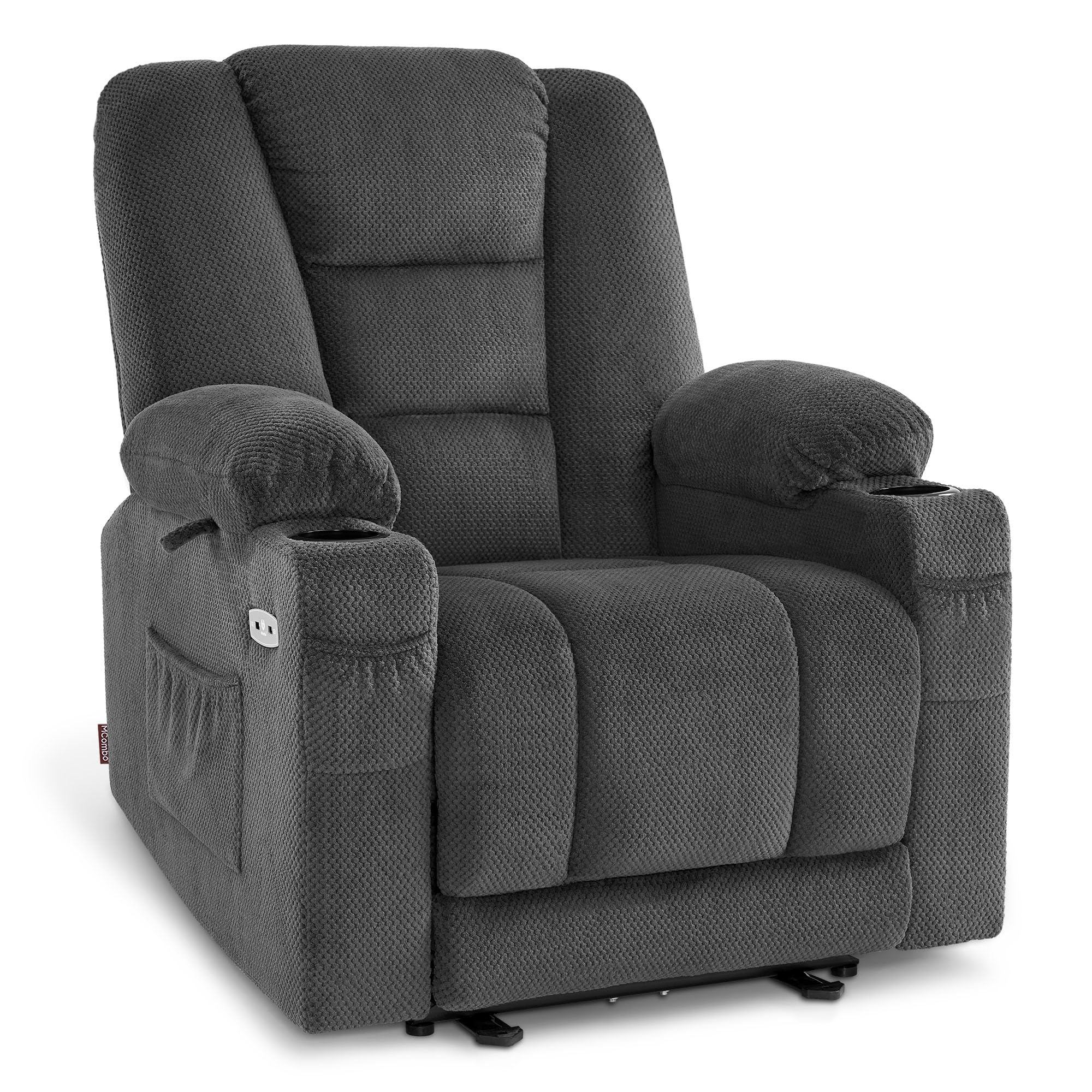 M MCombo Fernsehsessel elektrisch verstellbar 7008, Relaxsessel mit Liegefunktion, TV Sessel mit Massage & Wärmefunktion, USB & Getränkehalter, Wohnzimmer (Stoff, Grau)